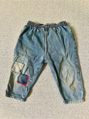 VTG 90s Toddler Patchwork Cotton Jeans Elastic Waist 12-18M
